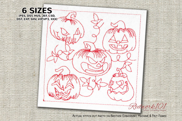 Halloween 5 Spooky Pumpkins Redwork