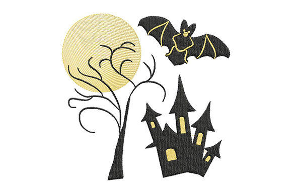 Halloween Moon and Haunted House Embroidery Design